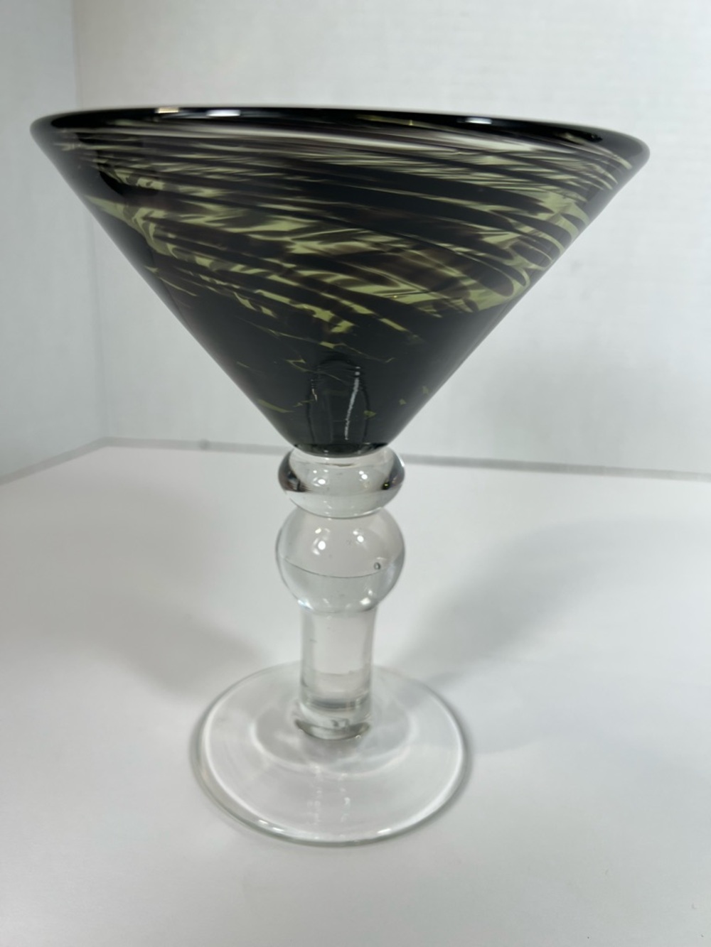 Handblown Martini Glass with Olive Green Black Swirl Art Glass Vintage